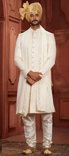 Wedding White and Off White color Sherwani in Silk fabric with Embroidered, Sequence, Thread work : 1944950