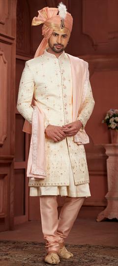 Wedding Pink and Majenta, White and Off White color Sherwani in Dolla Silk fabric with Embroidered, Sequence, Thread work : 1944953