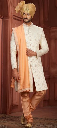 Wedding Pink and Majenta, White and Off White color Sherwani in Silk fabric with Embroidered, Sequence, Thread work : 1944954