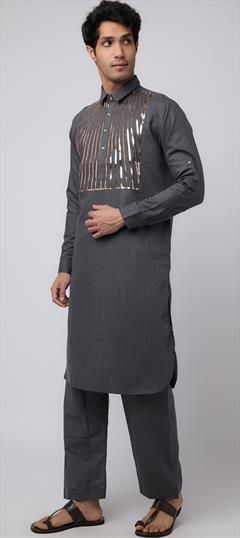 Party Wear Black and Grey color Pathani Suit in Cotton fabric with Fancy Work work : 1944958
