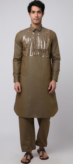 Party Wear Beige and Brown color Pathani Suit in Cotton fabric with Fancy Work work : 1944972