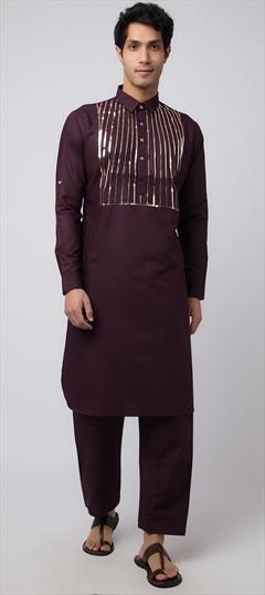 Party Wear Purple and Violet color Pathani Suit in Cotton fabric with Fancy Work work : 1944975