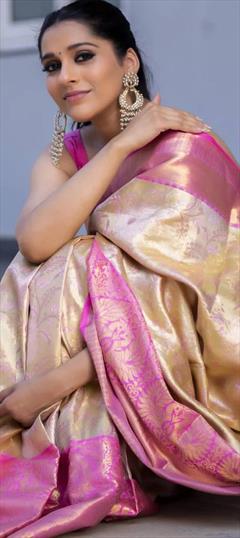 Party Wear, Traditional Gold, Pink and Majenta color Saree in Art Silk fabric with South Weaving work : 1945055