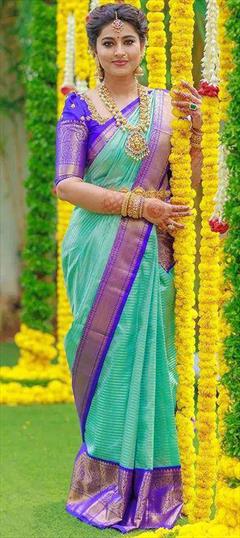 Party Wear, Traditional Green color Saree in Art Silk fabric with South Weaving work : 1945056