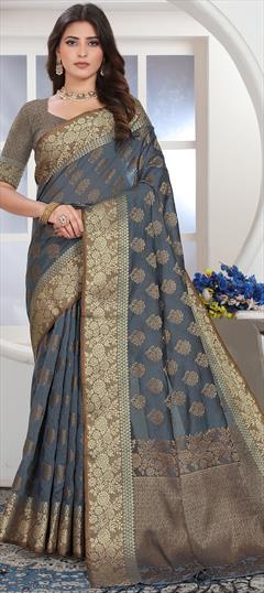Party Wear, Traditional Black and Grey color Saree in Cotton fabric with Bengali Weaving, Zari work : 1945074