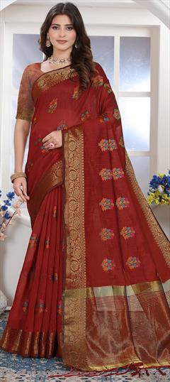 Party Wear, Traditional Red and Maroon color Saree in Cotton fabric with Bengali Weaving, Zari work : 1945075