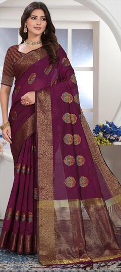Party Wear, Traditional Purple and Violet color Saree in Cotton fabric with Bengali Weaving, Zari work : 1945076