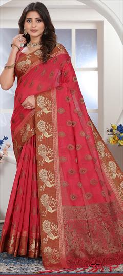 Party Wear, Traditional Pink and Majenta color Saree in Cotton fabric with Bengali Weaving, Zari work : 1945077