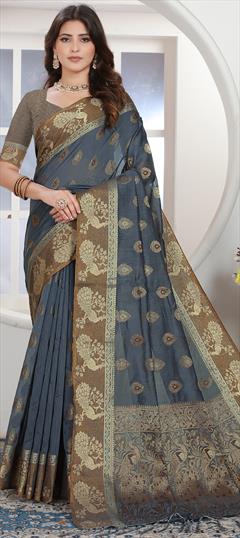 Party Wear, Traditional Black and Grey color Saree in Cotton fabric with Bengali Weaving, Zari work : 1945078
