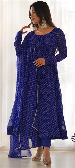 Festive, Reception Blue color Salwar Kameez in Faux Georgette fabric with Anarkali Lehariya work : 1945123
