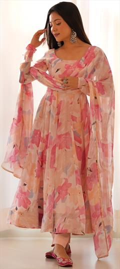 Festive, Reception Pink and Majenta color Salwar Kameez in Faux Georgette fabric with Anarkali Floral work : 1945124