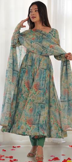 Festive, Reception Green color Salwar Kameez in Organza Silk fabric with Anarkali Floral work : 1945125