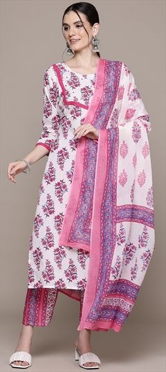 Festive, Summer Pink and Majenta, White and Off White color Salwar Kameez in Cotton fabric with Straight Floral, Lace, Printed, Sequence work : 1945150