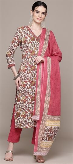 Festive, Summer Beige and Brown, Red and Maroon color Salwar Kameez in Cotton fabric with Straight Cut Dana, Floral, Printed work : 1945152