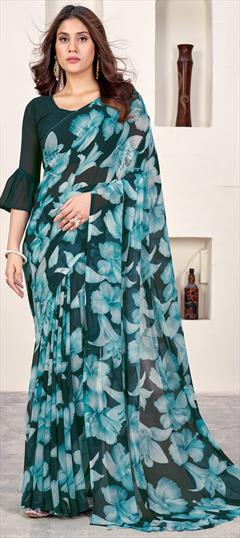 Casual Green color Saree in Faux Georgette fabric with Classic Floral, Printed work : 1945412