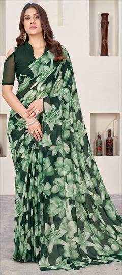 Casual Green color Saree in Faux Georgette fabric with Classic Floral, Printed work : 1945414