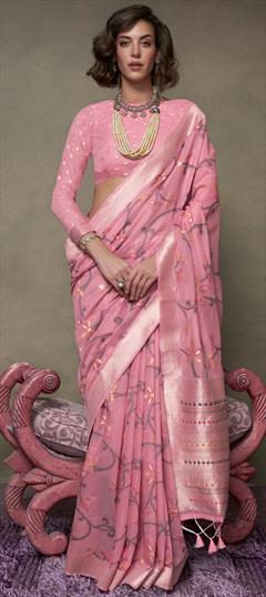 Festive, Traditional Pink and Majenta color Saree in Cotton fabric with Bengali Weaving work : 1945418