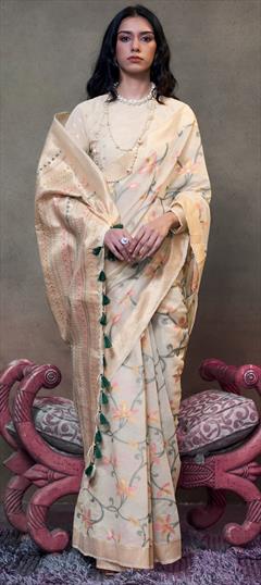 Festive, Traditional Beige and Brown color Saree in Cotton fabric with Bengali Weaving work : 1945419