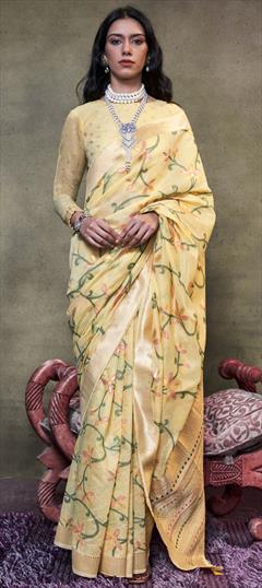 Festive, Traditional Yellow color Saree in Cotton fabric with Bengali Weaving work : 1945422