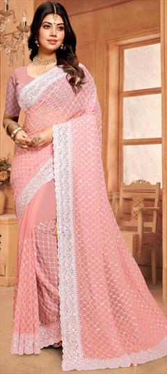 Reception, Wedding Pink and Majenta color Saree in Georgette fabric with Classic Embroidered, Resham, Sequence work : 1945424