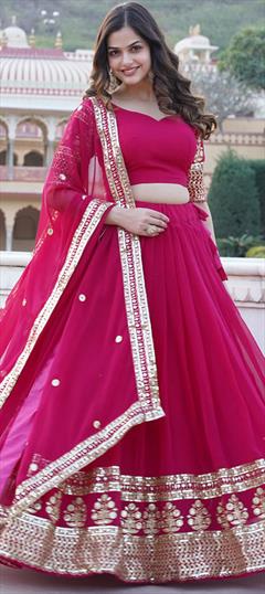 Engagement, Reception, Wedding Pink and Majenta color Lehenga in Georgette fabric with Flared Embroidered, Sequence, Thread work : 1945435
