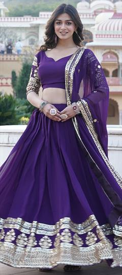 Engagement, Reception, Wedding Purple and Violet color Lehenga in Georgette fabric with Flared Embroidered, Sequence, Thread work : 1945436