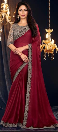 Engagement, Reception, Wedding Red and Maroon color Saree in Georgette fabric with Classic Embroidered, Resham, Sequence, Thread work : 1945446