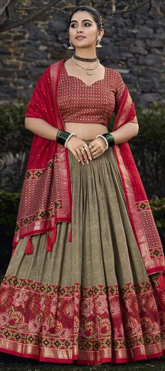 Festive, Party Wear Beige and Brown color Lehenga in Tussar Silk fabric with Flared Floral, Foil Print work : 1945452