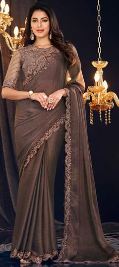 Engagement, Reception, Wedding Beige and Brown color Saree in Georgette fabric with Classic Embroidered, Resham, Sequence, Thread work : 1945453