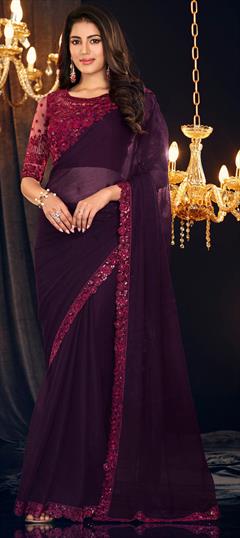 Engagement, Reception, Wedding Purple and Violet color Saree in Georgette fabric with Classic Embroidered, Resham, Sequence, Thread work : 1945455