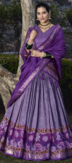 Festive, Party Wear Purple and Violet color Lehenga in Tussar Silk fabric with Flared Floral, Foil Print work : 1945456