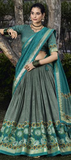 Festive, Party Wear Green color Lehenga in Tussar Silk fabric with Flared Floral, Foil Print work : 1945457