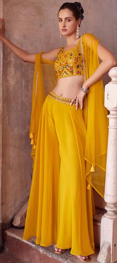 Bollywood, Designer Yellow color Salwar Kameez in Georgette fabric with Palazzo Embroidered, Mirror, Resham, Thread work : 1945491