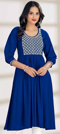 Casual Blue color Kurti in Rayon fabric with Anarkali Embroidered, Resham, Thread work : 1945508