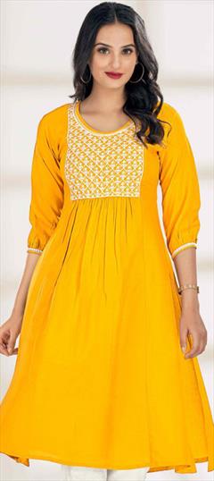 Casual Yellow color Kurti in Rayon fabric with Anarkali Embroidered, Resham, Thread work : 1945511