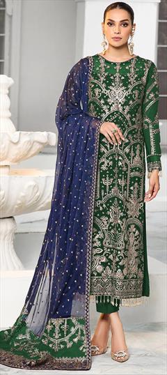 Festive, Reception Green color Salwar Kameez in Faux Georgette fabric with Pakistani, Straight Embroidered, Sequence work : 1945523