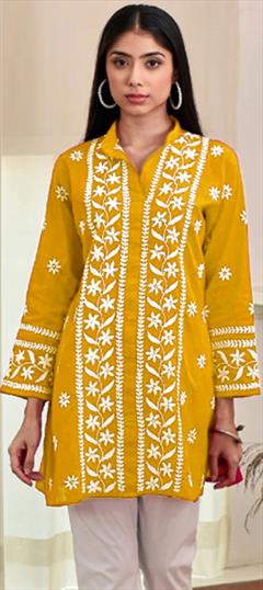 Summer Yellow color Kurti in Rayon fabric with Straight Embroidered, Resham, Thread work : 1945525
