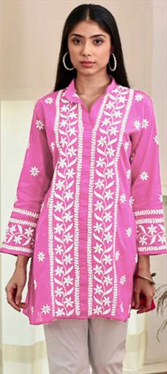Summer Pink and Majenta color Kurti in Rayon fabric with Straight Embroidered, Resham, Thread work : 1945527