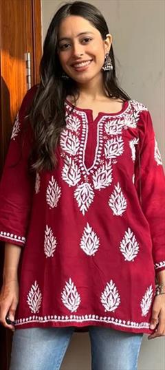 Casual Red and Maroon color Kurti in Rayon fabric with Straight Embroidered, Thread work : 1945531
