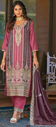 Festive, Reception Pink and Majenta, Purple and Violet color Salwar Kameez in Art Silk fabric with Pakistani, Straight Embroidered, Sequence, Thread, Zari work : 1945546