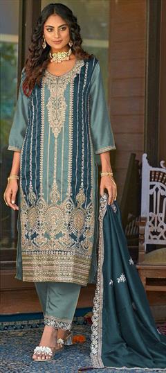 Festive, Reception Blue color Salwar Kameez in Art Silk fabric with Pakistani, Straight Embroidered, Sequence, Thread, Zari work : 1945547