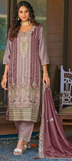 Festive, Reception Beige and Brown color Salwar Kameez in Art Silk fabric with Pakistani, Straight Embroidered, Sequence, Thread, Zari work : 1945548