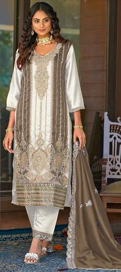 Festive, Reception Beige and Brown, White and Off White color Salwar Kameez in Art Silk fabric with Pakistani, Straight Embroidered, Sequence, Thread, Zari work : 1945549