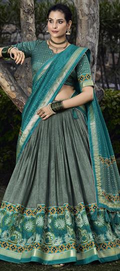 Festive, Reception Green color Lehenga in Tussar Silk fabric with Flared Floral, Foil Print work : 1945550