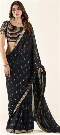 Festive, Reception Black and Grey color Saree in Georgette fabric with Classic Lace, Printed work : 1945560