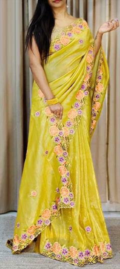 Reception, Traditional Yellow color Saree in Tussar Silk fabric with South Embroidered, Thread work : 1945578