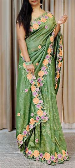 Reception, Traditional Green color Saree in Tussar Silk fabric with South Embroidered, Thread work : 1945583