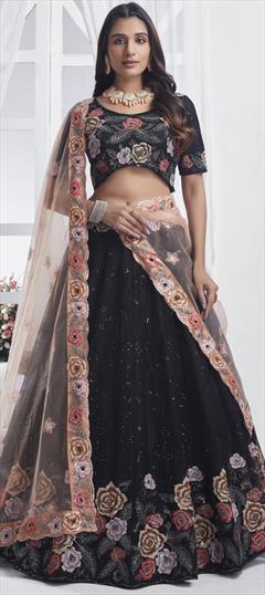 Bridal, Reception, Wedding Black and Grey color Lehenga in Net fabric with Flared Embroidered, Sequence, Thread work : 1945591
