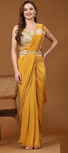 Mehendi Sangeet, Wedding Yellow color Readymade Saree in Lycra fabric with Flared Embroidered, Sequence work : 1945593