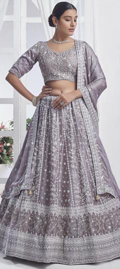 Bridal, Reception, Wedding Black and Grey color Lehenga in Chiffon fabric with Flared Embroidered, Sequence, Thread work : 1945595